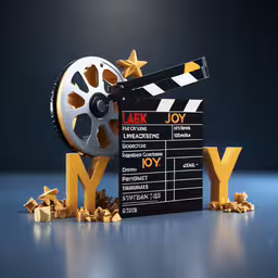 a camera, film reel and other objects on a blue surface,a clapboard and some gold stars around it