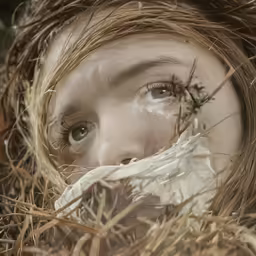a young lady peeking out her face from the hay