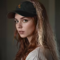 a woman with long red hair wearing a baseball cap