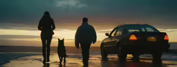 a man and woman with their dog walking in the snow with their car