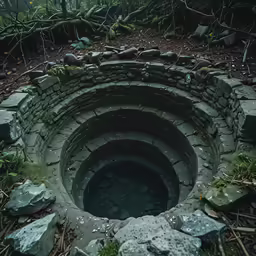 an open pit sits in the ground near trees