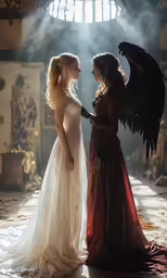 two women dressed in renaissance renaissance garb and gowns one wearing an eagle wings and the other with a gown that has wings on her skirt