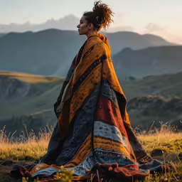 a woman wearing a colorful shawl looks off into the distance