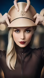 a woman wearing a brown jacket and hat
