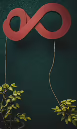 a small potted plant and sign with a red design