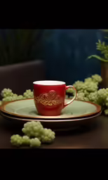 the teacup and saucer are set on the table