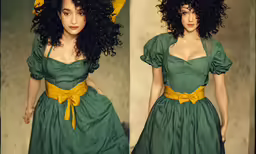 two photos with different color clothes with curly hair