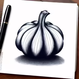 a drawing of an onion, a piece of black and white food