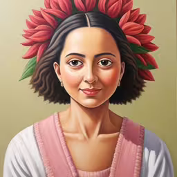 a painting of a woman with a flower in her hair,painting of a woman wearing a wreath of flowers