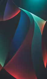 multicolored art painting of wavy shapes with green and red lighting