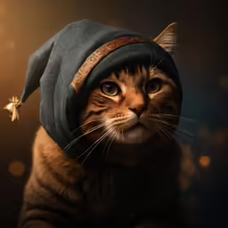 cat wearing blue hat against blurred boke of light