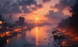 boats moored to the side of a body of water in a city during sunset