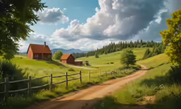 the house on the farm is located along the dirt road