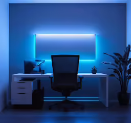 an office with desk, chair and a plant
