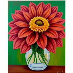 the flower is painted in a glass vase,a painting of a large red flower inside a glass vase