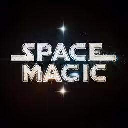 the words space magic on a black background