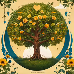 a painting with the tree and its flowers painted on it,an illustration of a tree with yellow flowers