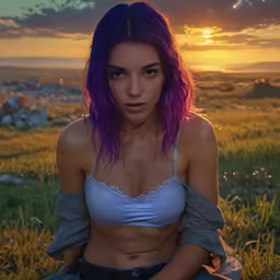 a young woman sits on the ground at sunset