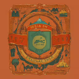 an old style label with some people on it,a vintage style art print that includes a colorful label and the text asian art fair