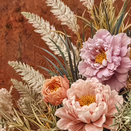 a vase with flowers is set against a wall