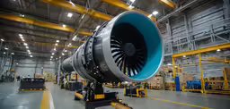 a turbine being worked on inside of a warehouse