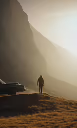 a person walking up a hill on a foggy day