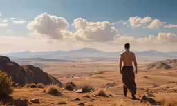 a man standing on a mountain top overlooking desert hills