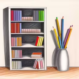 the pencils are near an empty bookcase with books
