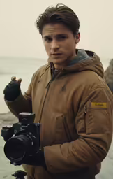a man wearing a brown jacket with a camera