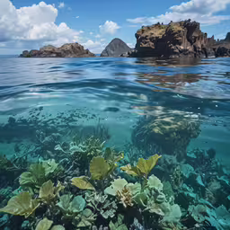 an image of a rock with seaweed in the foreground