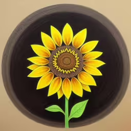 a black plate with a yellow flower on it,the picture has a yellow sunflower painted on it