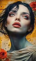 the woman is wearing long white hair and blue eyes