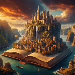 an open book sitting on top of a floating island