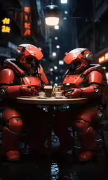 two red robot are sitting at the table