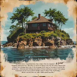a painting with an ocean and house on a rock