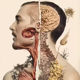 a double exposure of a man with his brain and brain map