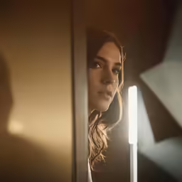 the woman is posing for the camera, light up behind her