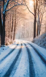 a dirt road with snow on both sides