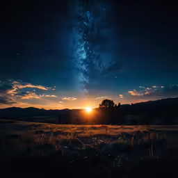 the sky is shining brightly at night as the sun goes down