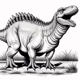 a black and white dinosaur is standing in the grass,an image of a dinosaur in a field