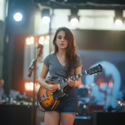 a girl is holding a guitar and playing a song