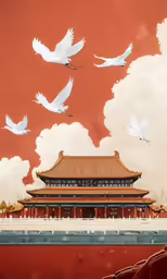 oriental scenery and flock of white birds flying above