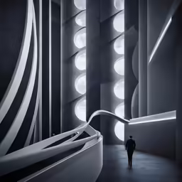 a man standing in a room with curved white lines and lights on the walls