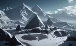 a black and white photograph of a snowy mountain range