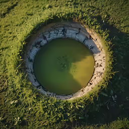 a pond with a cement fence around it in the grass