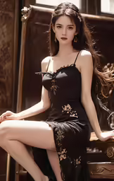 a beautiful asian woman sitting on a chair in a black dress