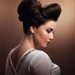 a beautiful woman with a bun hairdo in a white dress