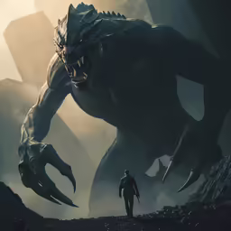 a large creature in the distance standing next to a giant monster