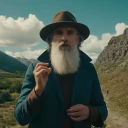 an older man with a big white beard wearing a jacket and hat