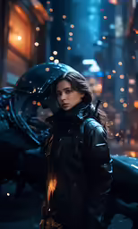 a woman stands in the dark of the street with a black umbrella
